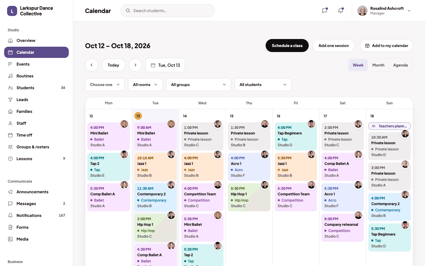 The DanceTide week calendar, with classes colored by style and shown by day