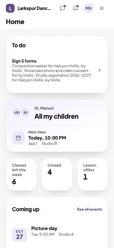 The parent home screen on a phone: forms to sign, the next class, unread messages and upcoming events