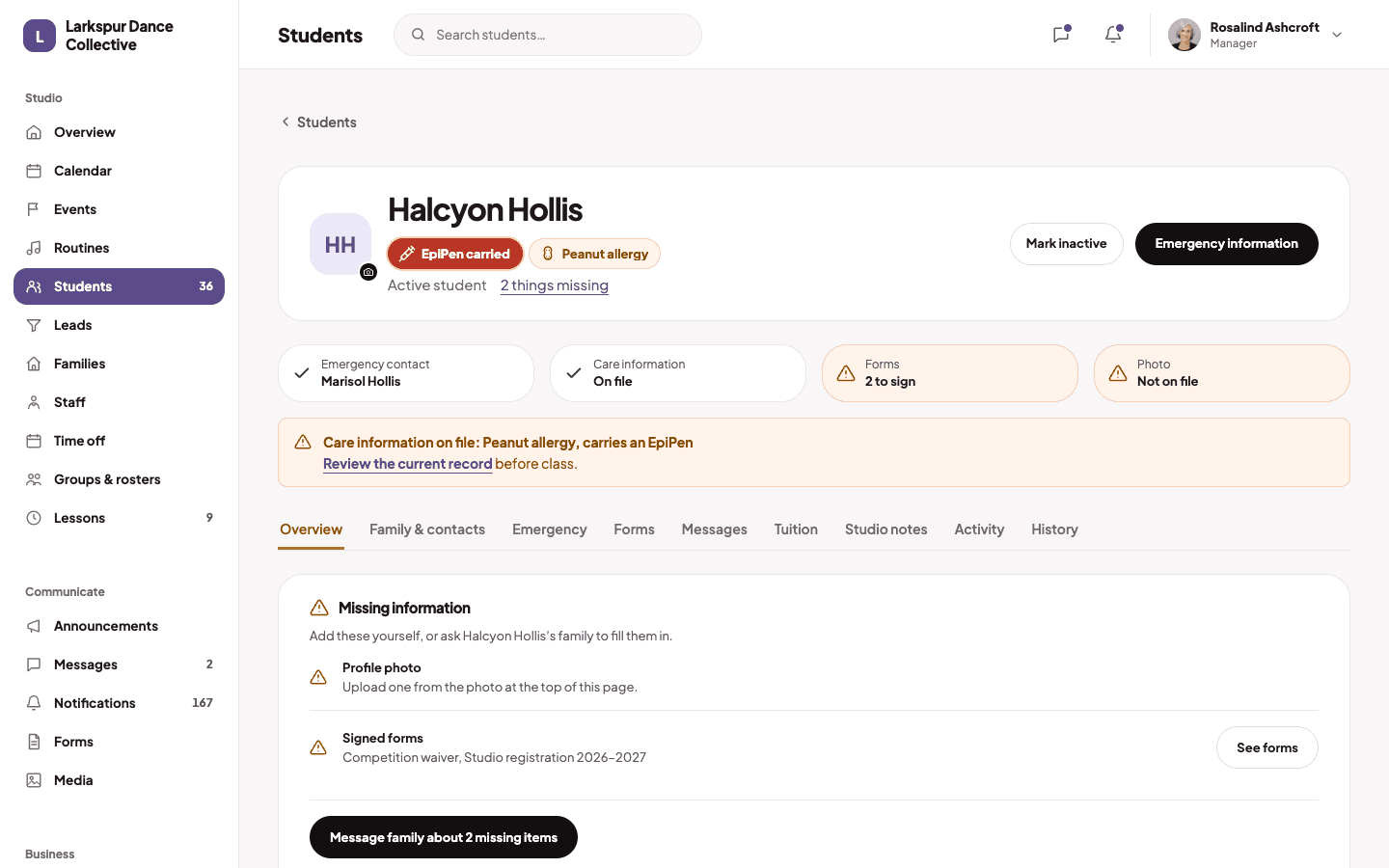 A student profile with care flags and missing information highlighted
